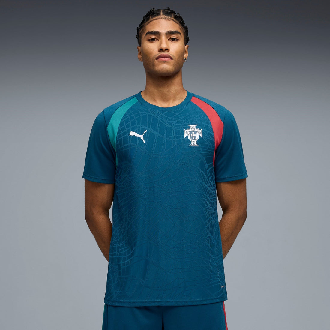 Portugal Training Top front view worn by model in teal