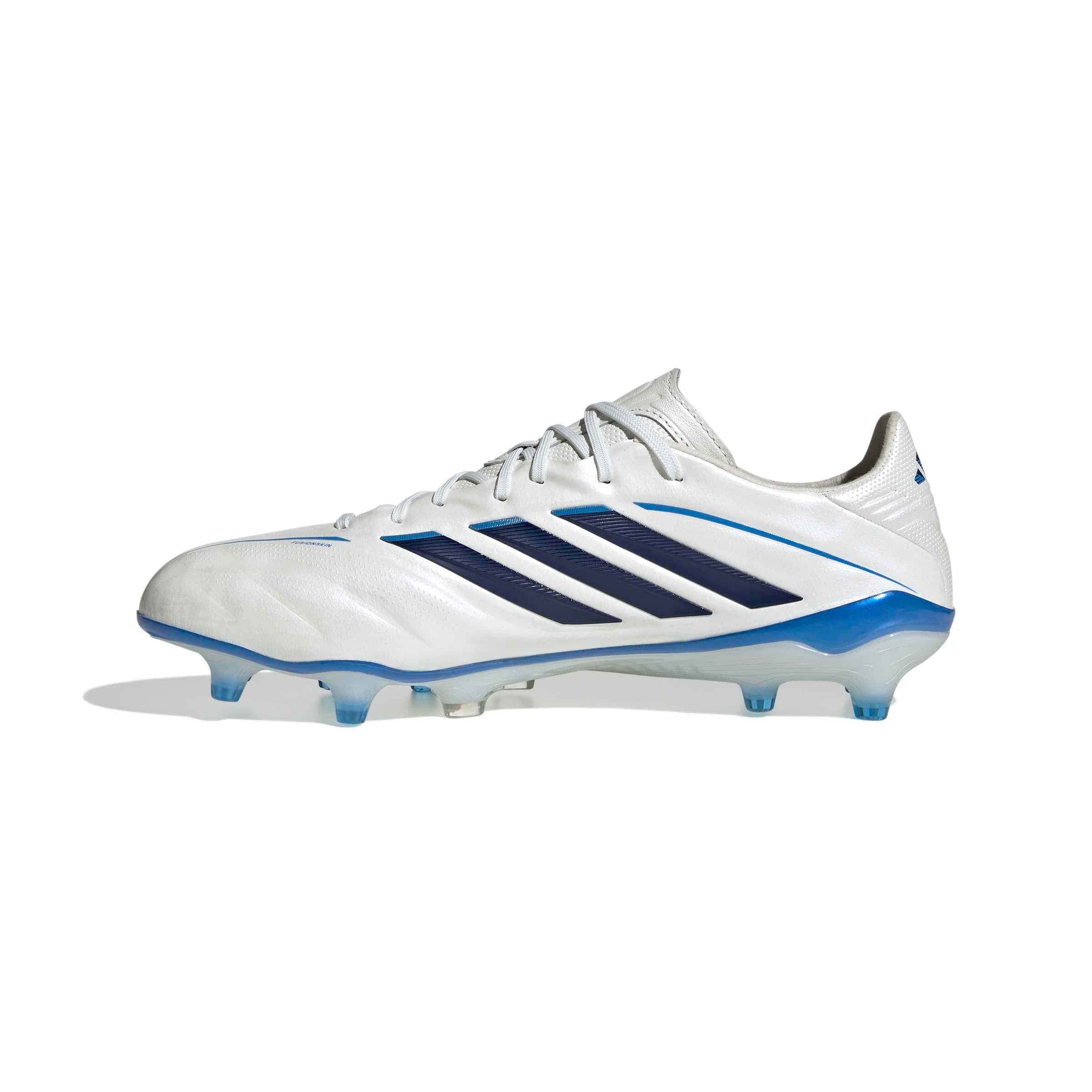 adidas Copa Pure IV Elite FG soccer cleat in white and blue with firm-ground outsole