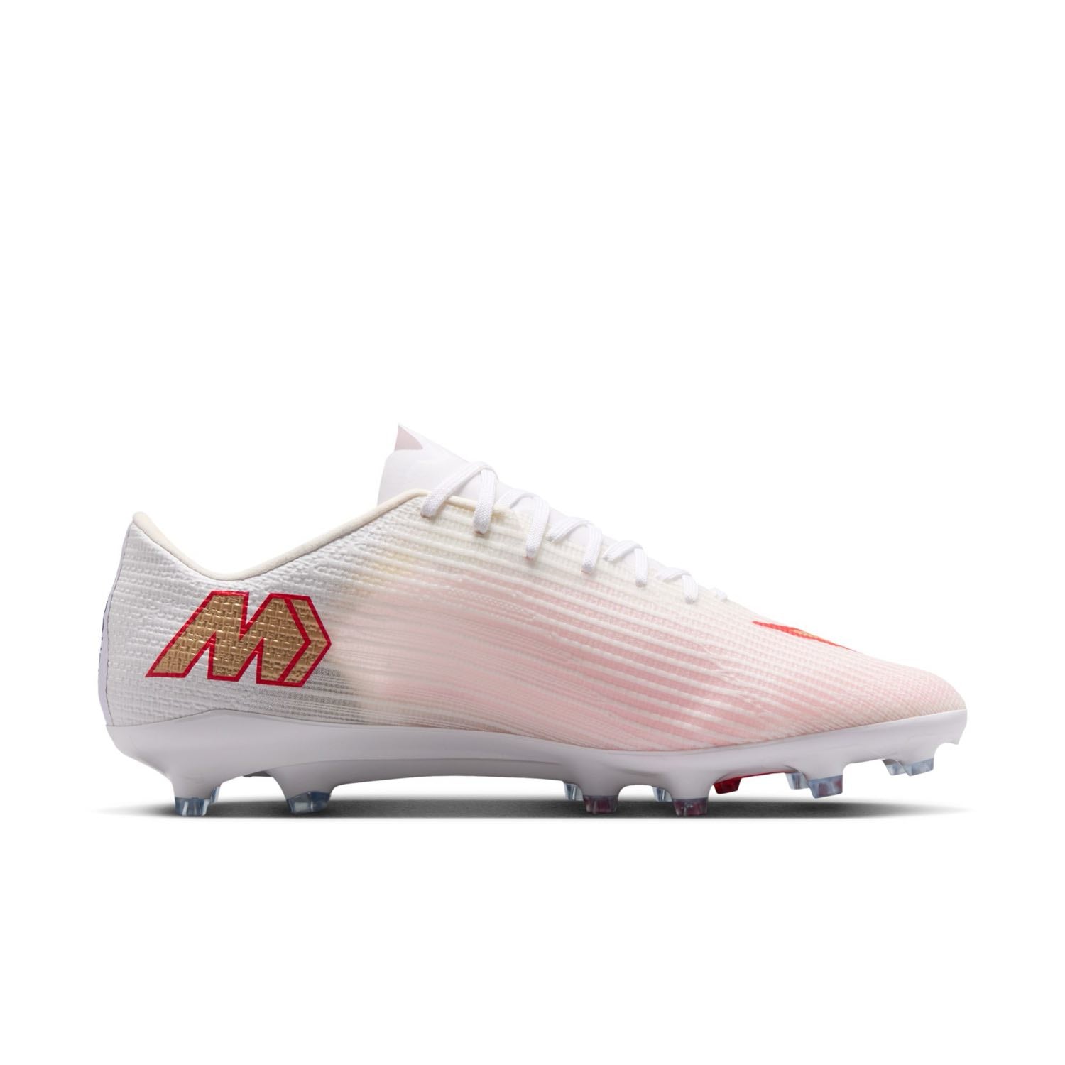Nike Mercurial Superfly 11 Pro AG low-top artificial-grass soccer cleats in white with orange details and Air Zoom cushioning.