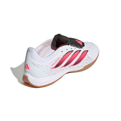 adidas Predator League Fold-Over Tongue IC indoor soccer cleats in white, pink and black with rubber court outsole