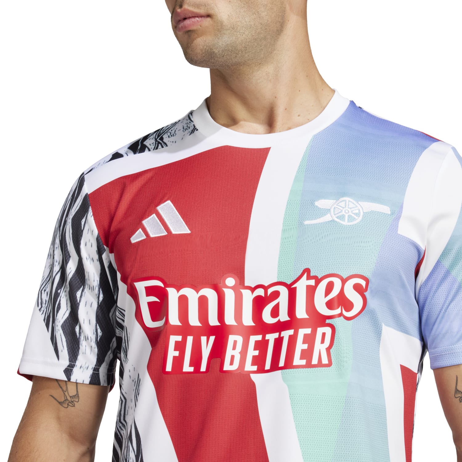 Arsenal 24/25 Pre-Match Jersey with bold design, featuring AEROREADY technology and embroidered Arsenal crest