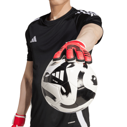 adidas Predator Match FS Goalkeeper Gloves with Soft Grip Pro latex palms, Fingersave spines, and half-wrap wrist strap for superior soccer performance.