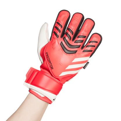 adidas Predator Match FS Goalkeeper Gloves with Soft Grip Pro latex palms, Fingersave spines, and half-wrap wrist strap for superior soccer performance.