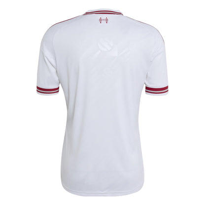Liverpool FC 26/27 Away Jersey in white with red details, V-neck, club crest and adidas CLIMACOOL technology