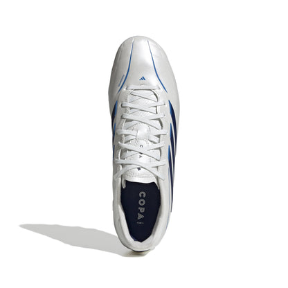 adidas Copa Pure IV League FG soccer cleats in white, blue and silver with firm-ground outsole