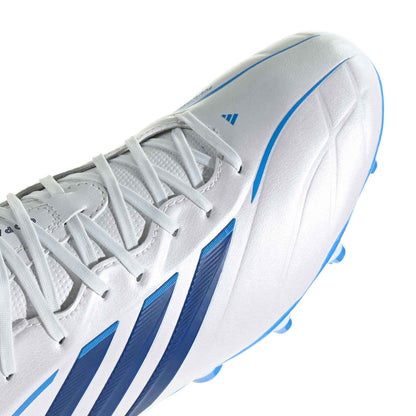 adidas Copa Pure IV League FG soccer cleats in white, blue and silver with firm-ground outsole