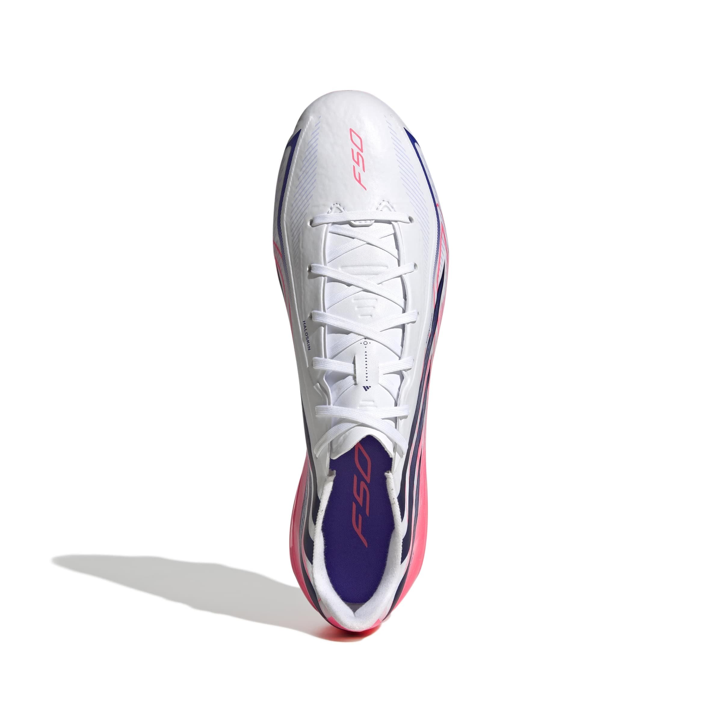 adidas F50 Hyperfast League FG soccer cleats in white, pink and navy with firm-ground outsole