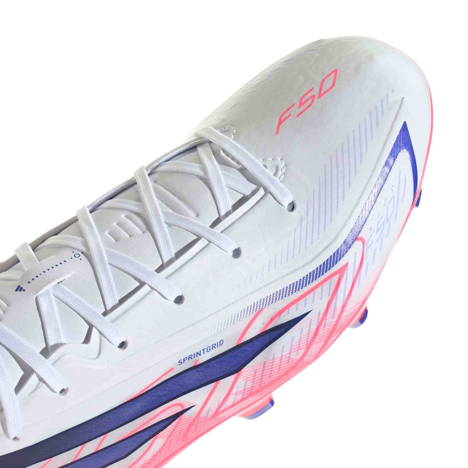 adidas F50 Hyperfast League FG soccer cleats in white, pink and navy with firm-ground outsole