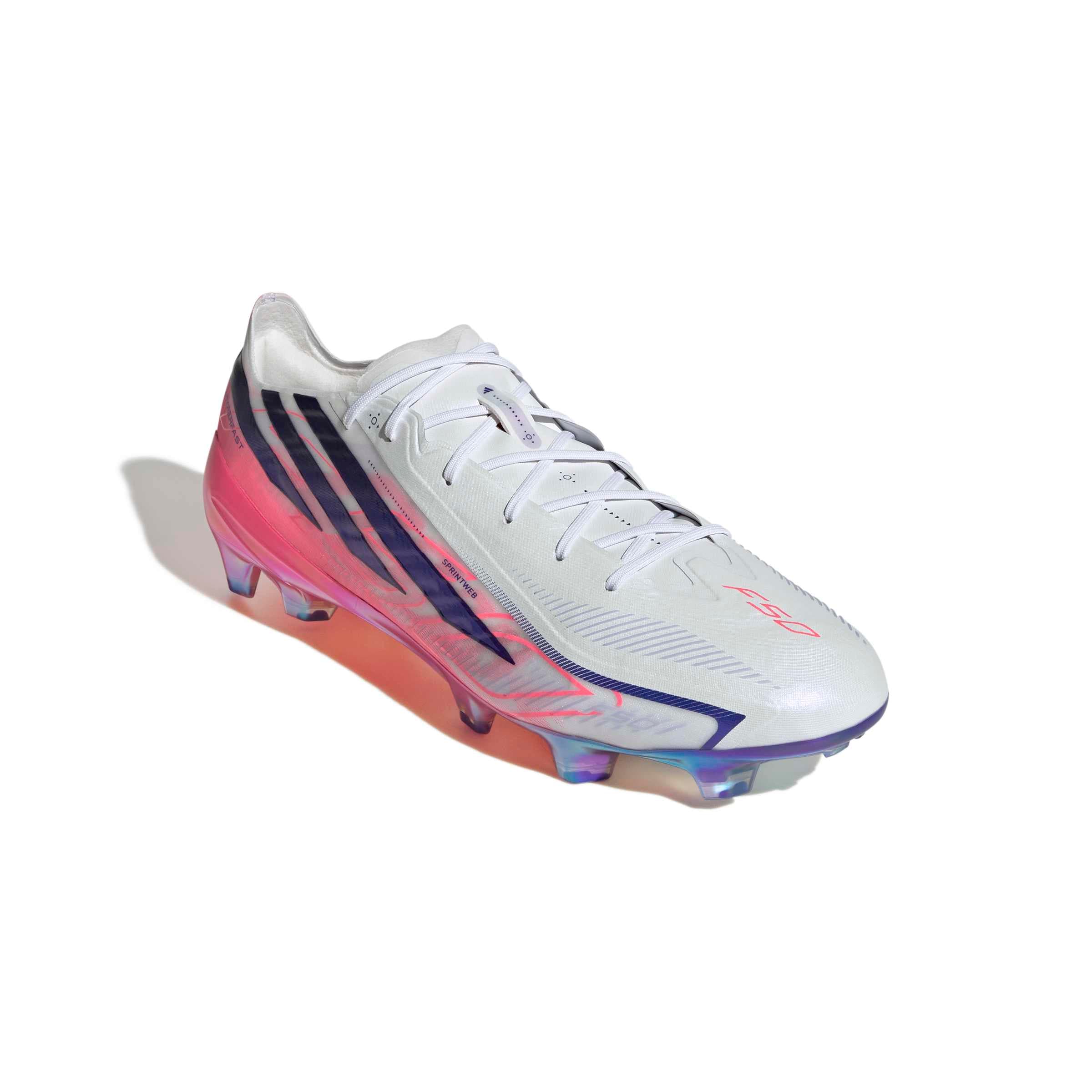 adidas F50 Hyperfast Elite FG soccer cleat in silver, navy and pink with firm-ground outsole