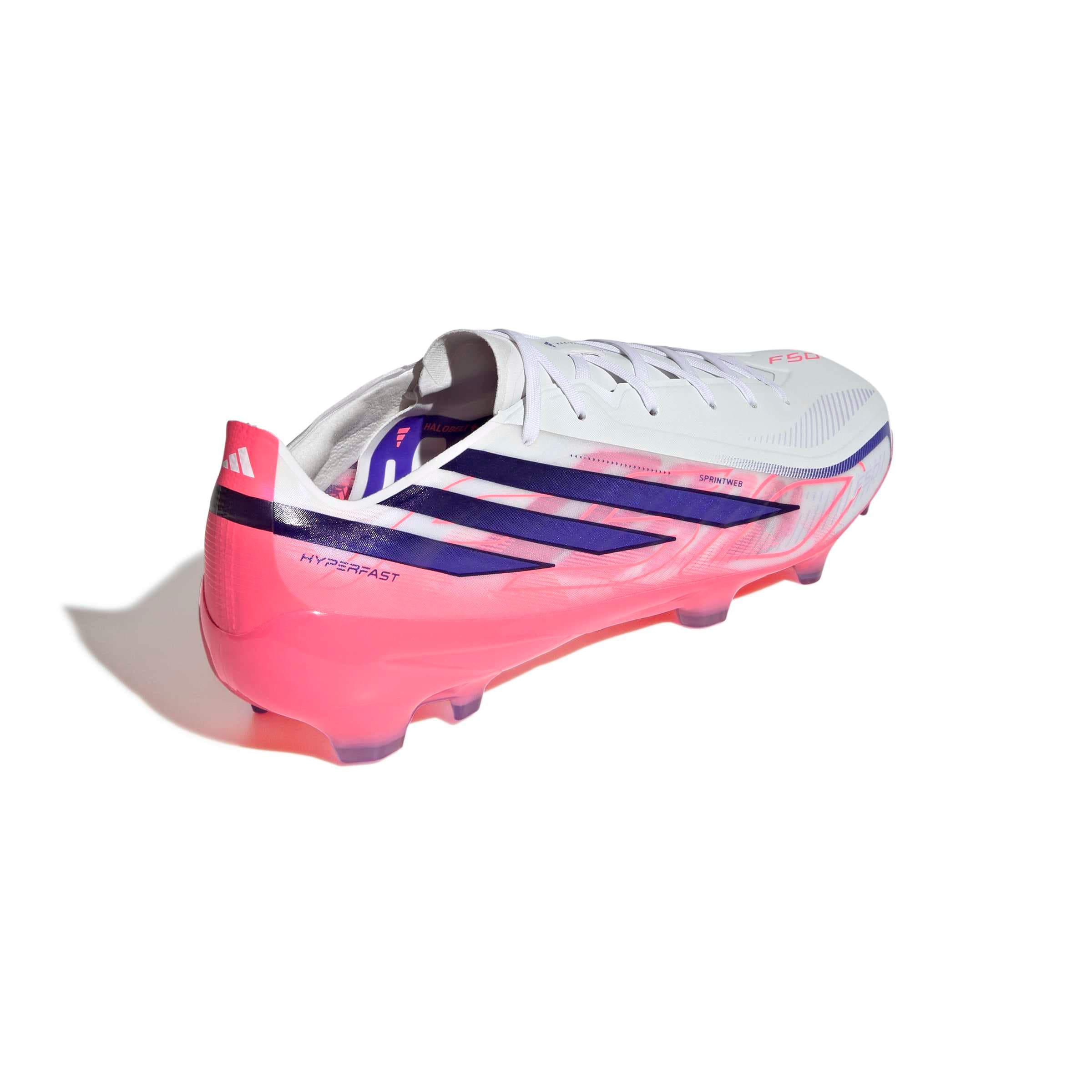 adidas F50 Hyperfast Pro FG soccer cleats in white, pink and navy with firm-ground outsole