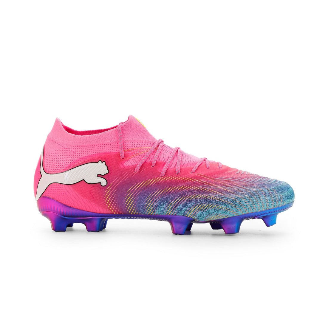 PUMA FUTURE 9 Ultimate FG soccer cleats in pink and blue side view