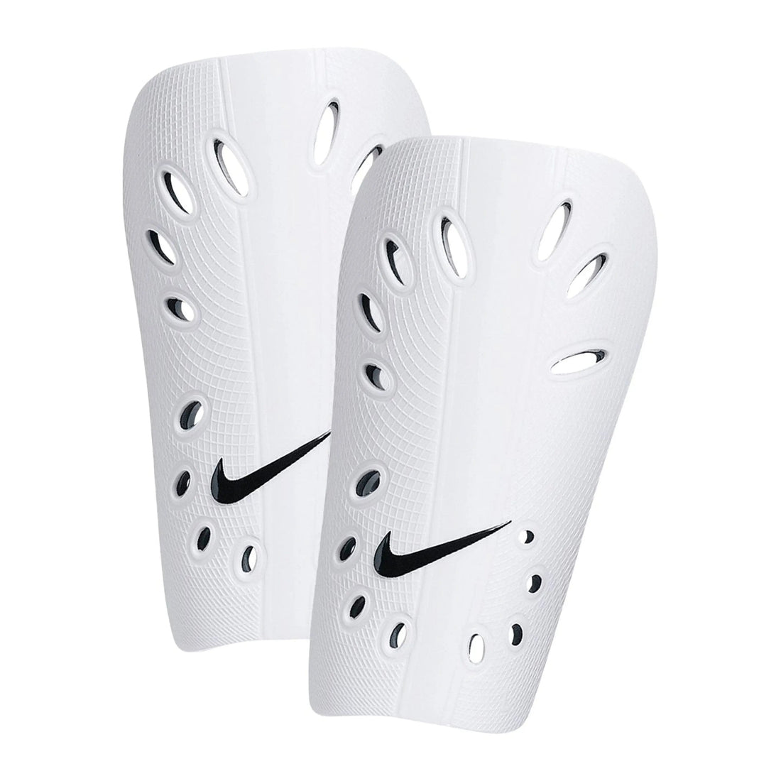 Front view of Nike J Guard Shin Guards in black with white Nike swoosh.